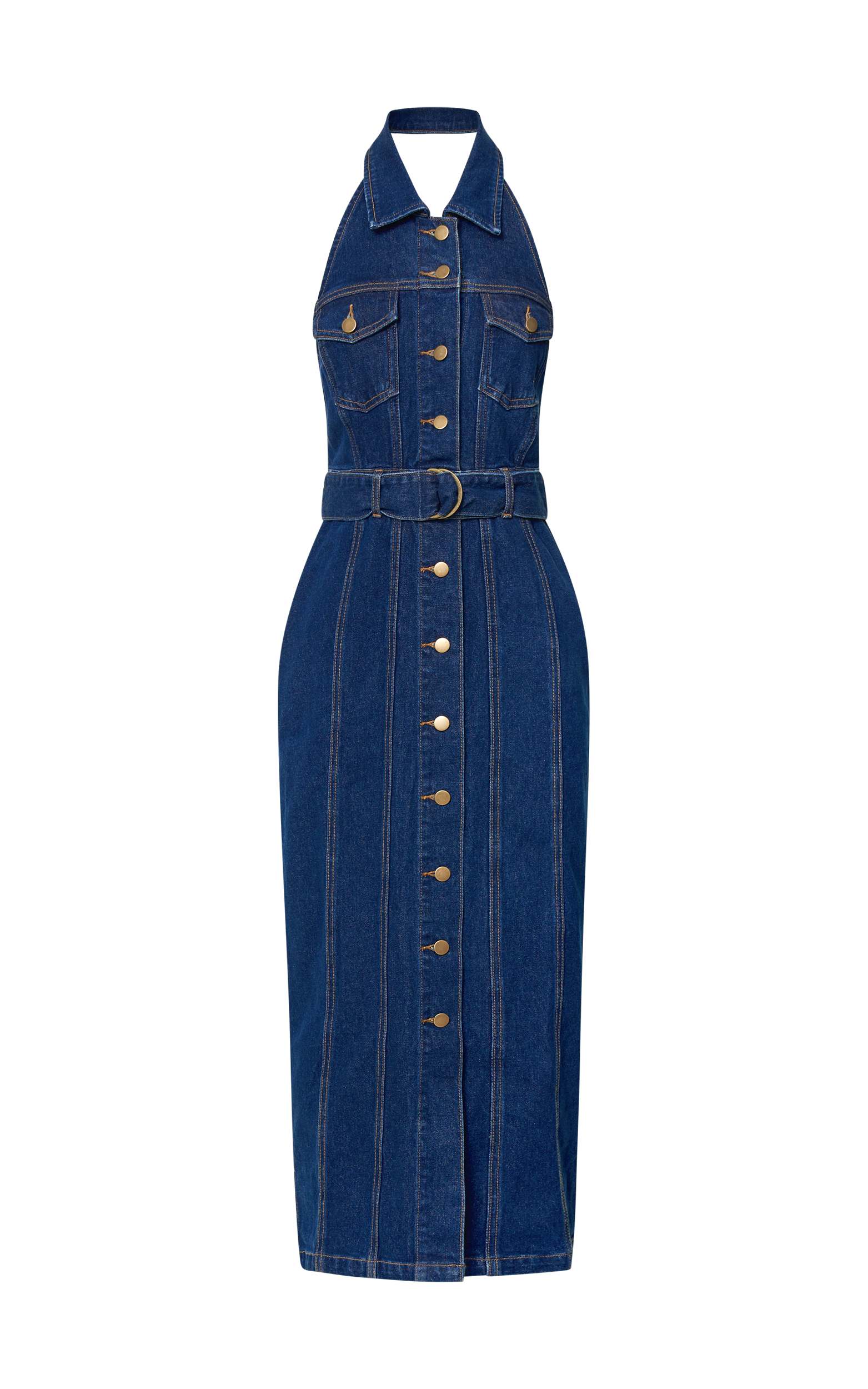Dubai Denim Midi Dress - Sleeveless Collared Halter Neck in