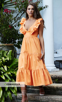 Levona Midi Dress - Ruffle Shoulder Tiered Dress in Orange