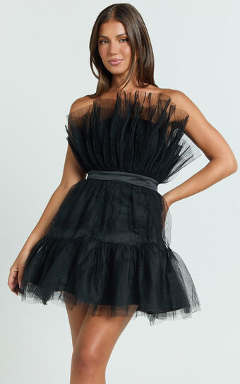 Amalya Mini Dress - Tiered Tulle Fit and Flare Dress in Black