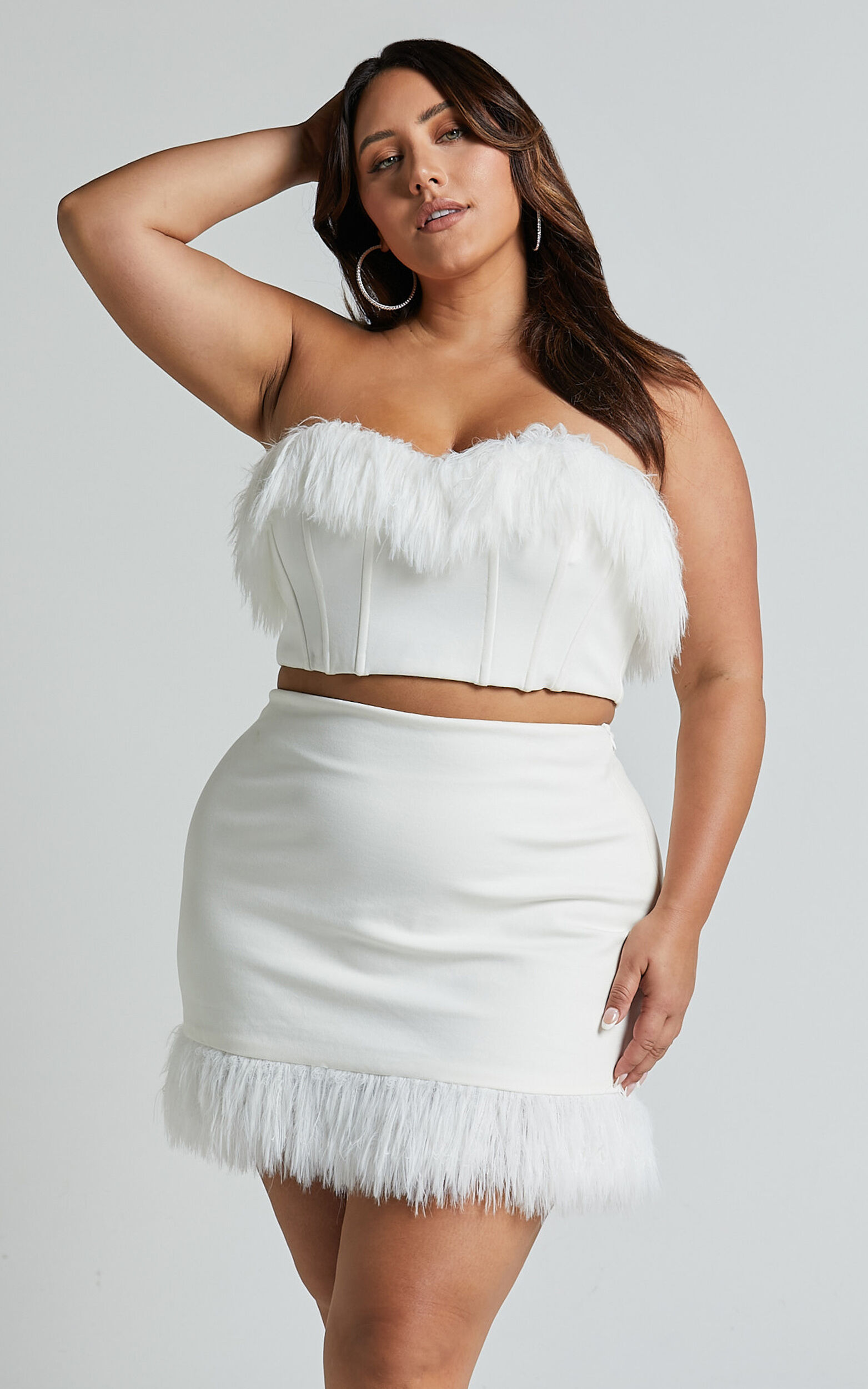 Rhaiza Mini Skirt - Faux Feather Trim High Waisted Skirt in