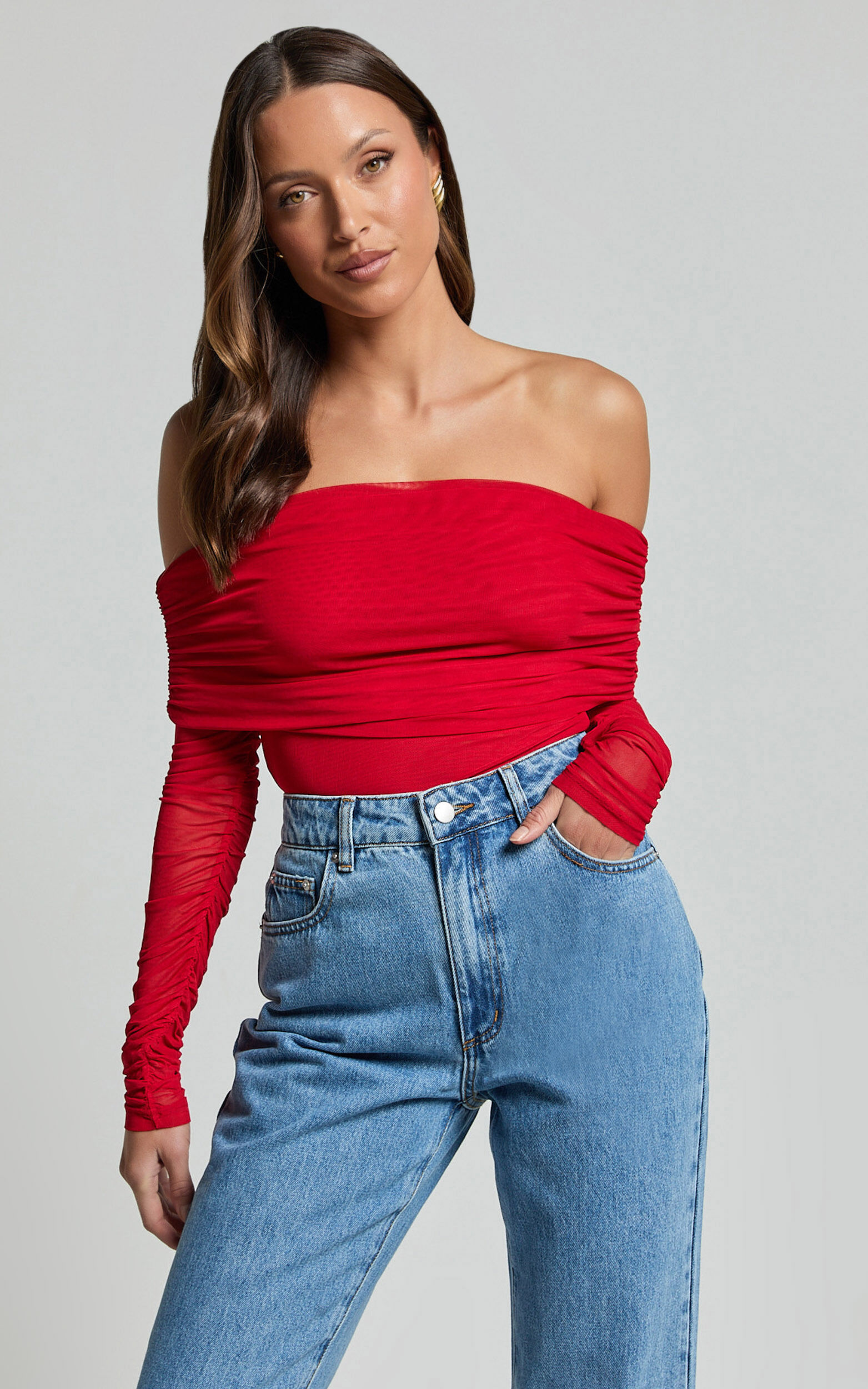 Jaythen Bodysuit - Long Sleeve Off Shoulder Ruched Mesh Bodysuit in Red - 04, RED5