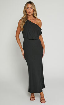 Jacqueline Midi Dress - Linen Look One Shoulder Dress in Black
