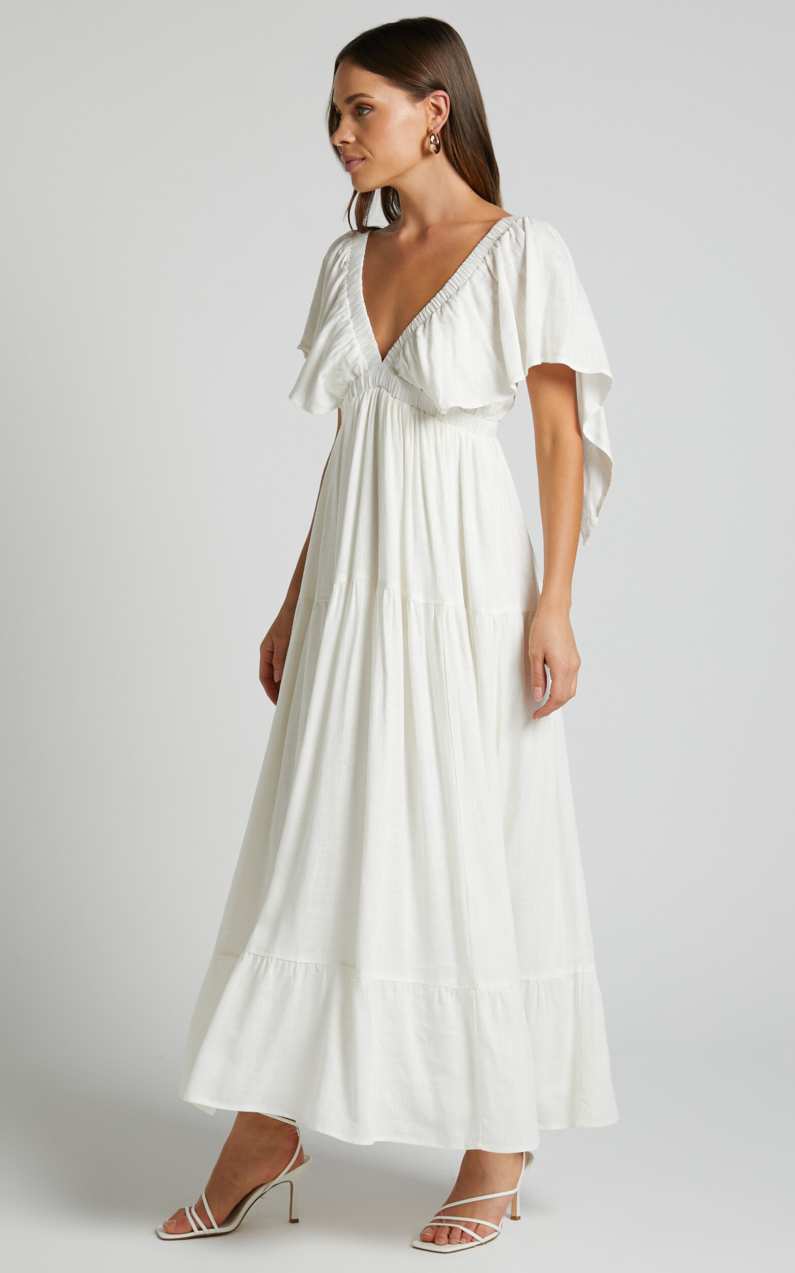 Lyrad Midi Dress Linen Look Empire Waist Textured Dress in White