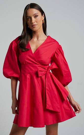 Zyla Mini Dress - Puff Sleeve Wrap Dress in Red