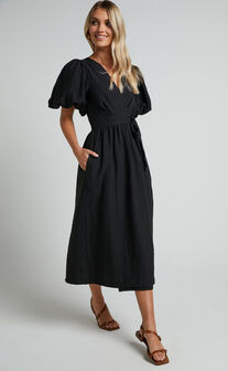 Amalie The Label - Franc Linen Puff Sleeve Wrap Midi Linen Dress in Black