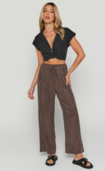 Carlynne Pants - Satin Relaxed Mid Rise Drawstring Pants in Chocolate