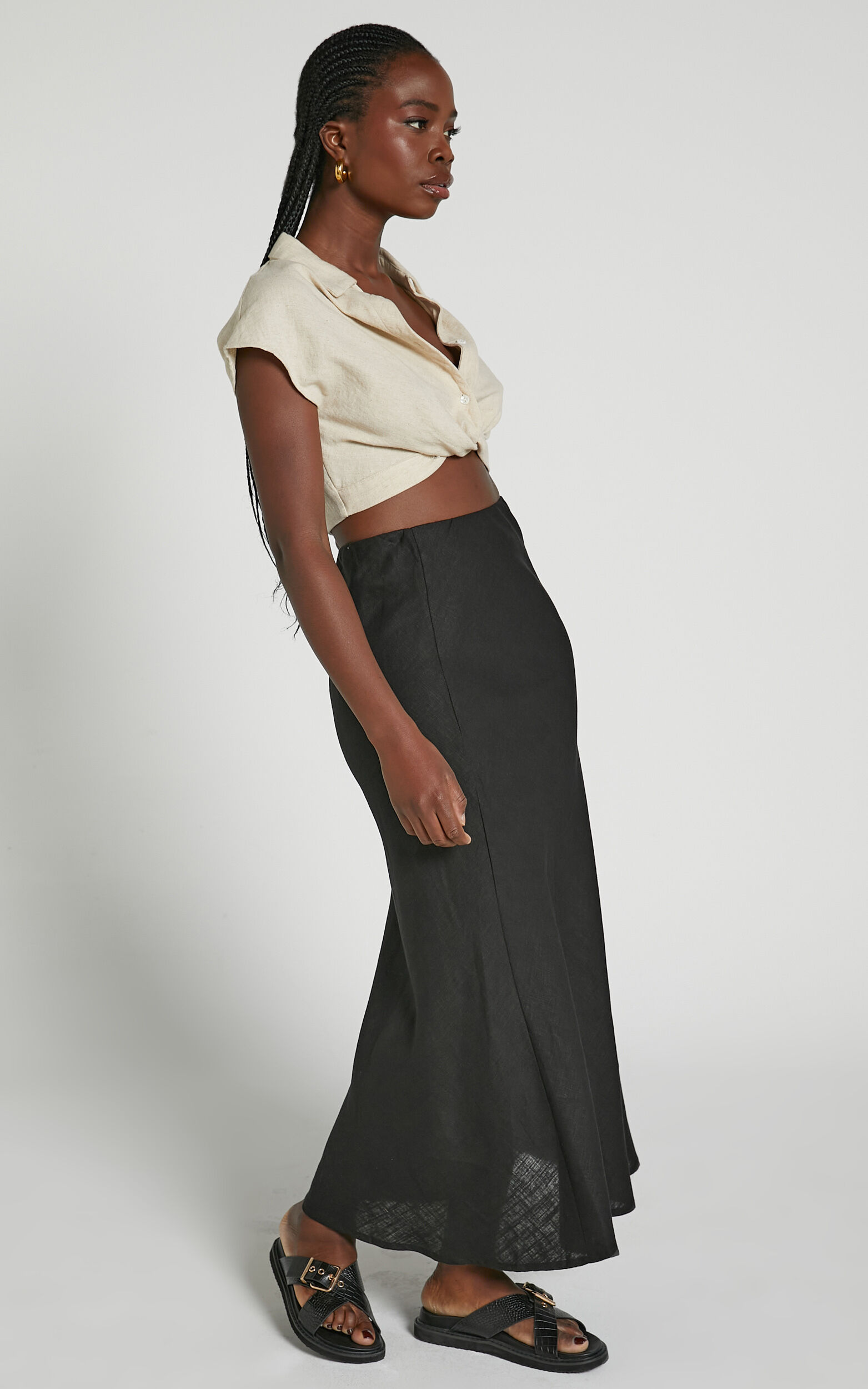 Aubrey Midi Skirt - Linen Look High Waisted Linen Look Bias Slip Skirt in  Black