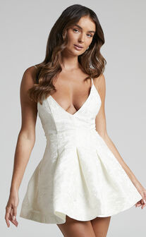 Gemima Mini Dress - Strappy Plunge Neck Fit and Flare Dress in White