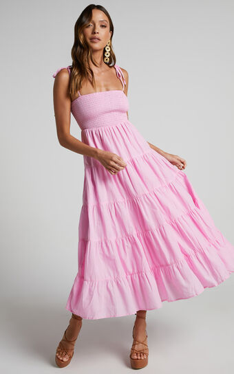 Ayla Midi Dress - Tie Up Strap Tiered Dress in Candy Pink