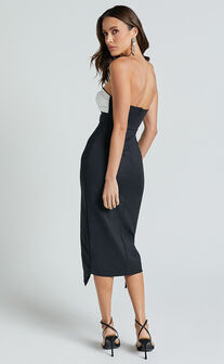 Carissa Midi Dress - Strapless Cup Bust With Side Leg Split Dress in Black