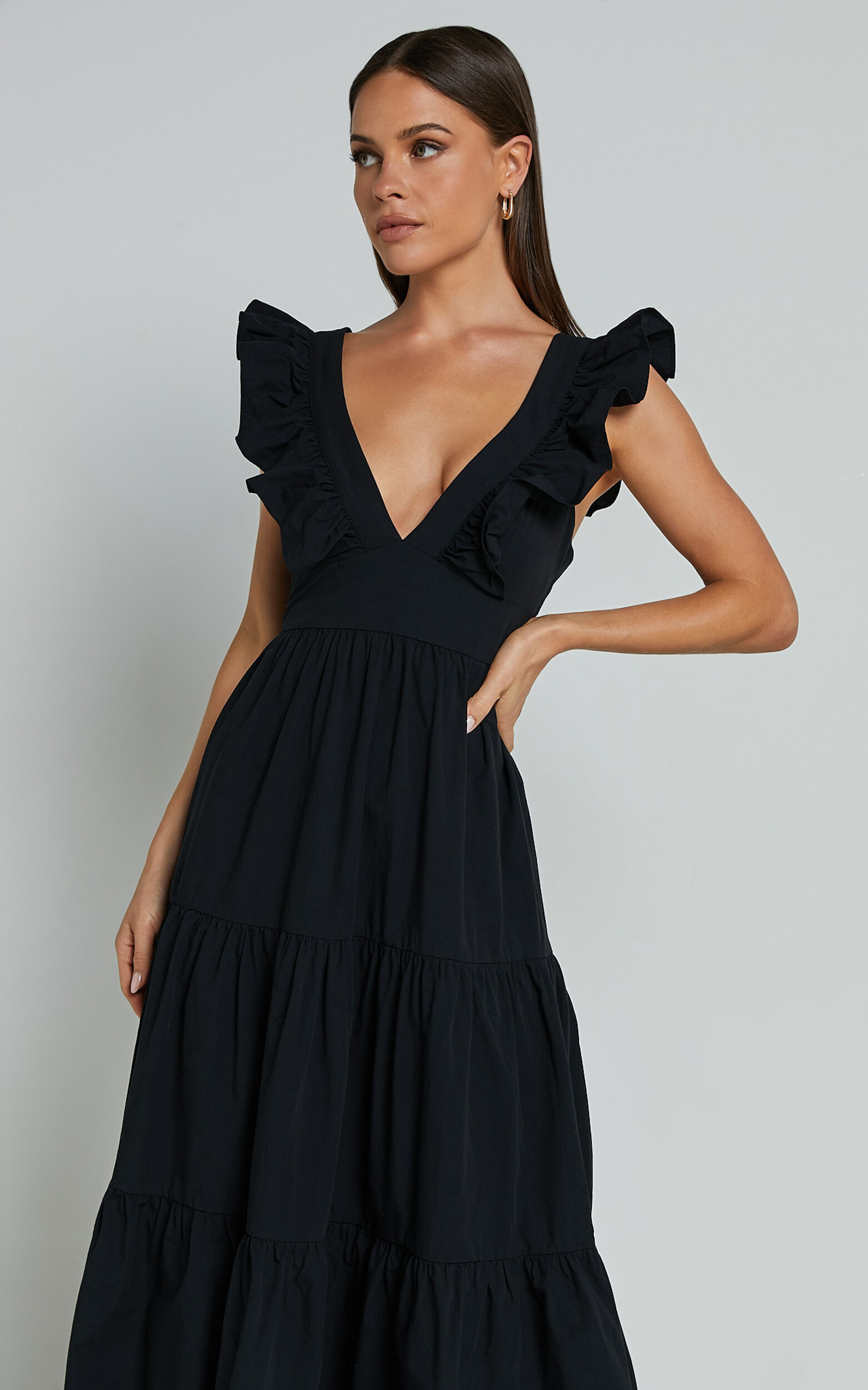 Levona Midi Dress Ruffle Shoulder Tiered Dress in Black