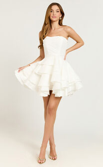 Allisyn Mini Dress - Strapless Tiered Flare Dress in White