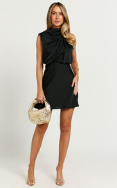 Schantal Mini Dress - Drape Neck Satin Slip Dress in Black | Showpo