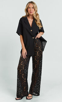 Jemma Two Piece Set - Relaxed Shirt and Lace Pants Set in Black