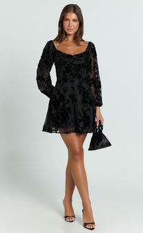 Jessell Mini Dress - Long Sleeve Cowl Corset Dress in Ebony Burnout