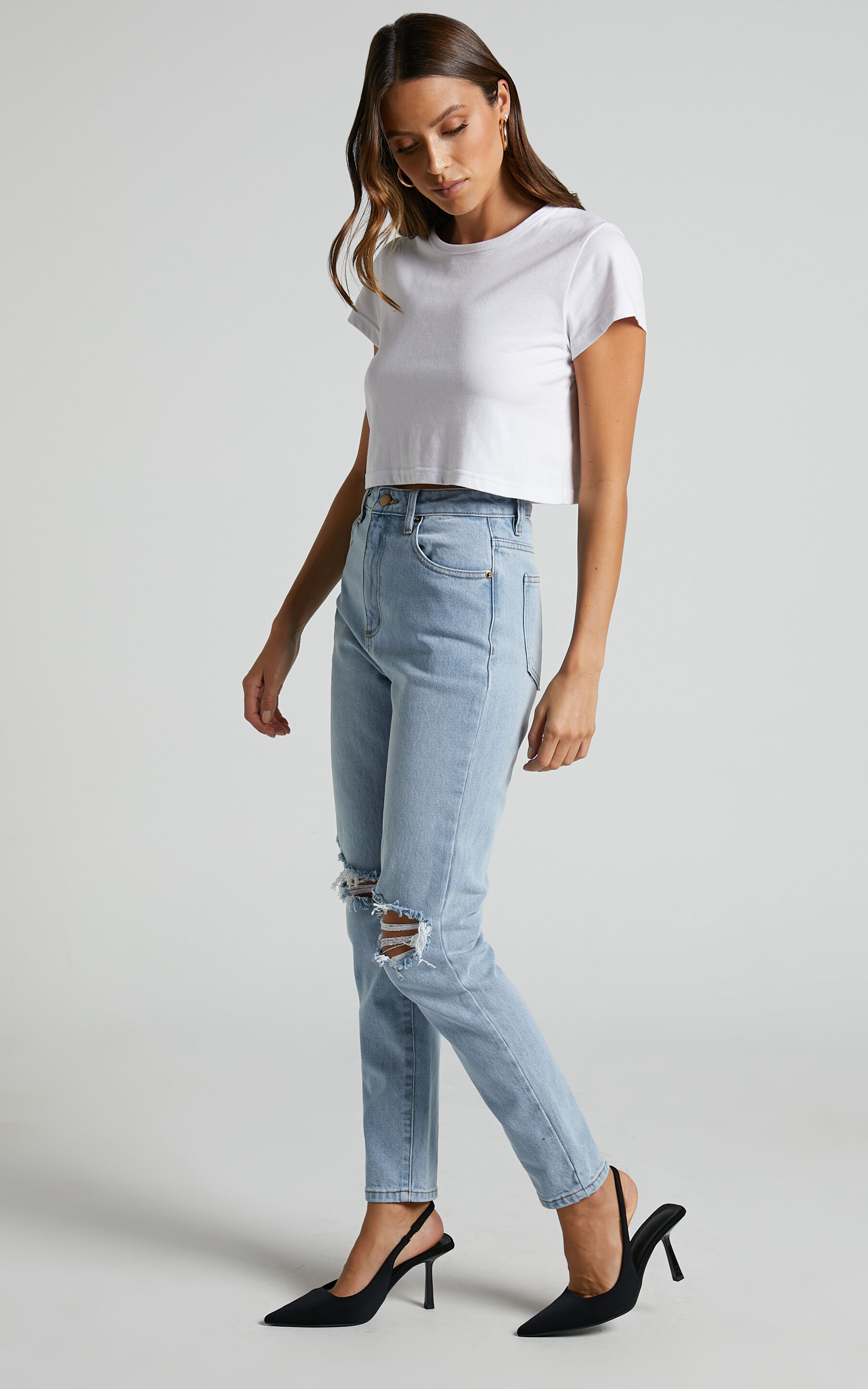 Bleach wash double rip mom sales tapered jeans