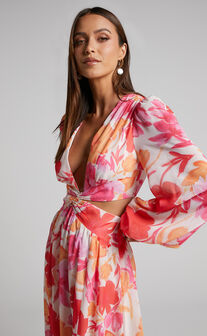 Emilee Midi Dress - Side Cut Out Long Sleeve Plunge Dress in Pink Floral