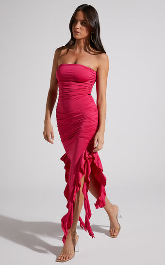 Jamie Midi Dress - Ruched Strapless Side Split Frill Dress in Cherry Pink
