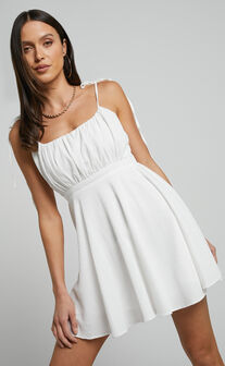Aziah Mini Dress - Tie Shoulder Ruched Bodice Dress in White