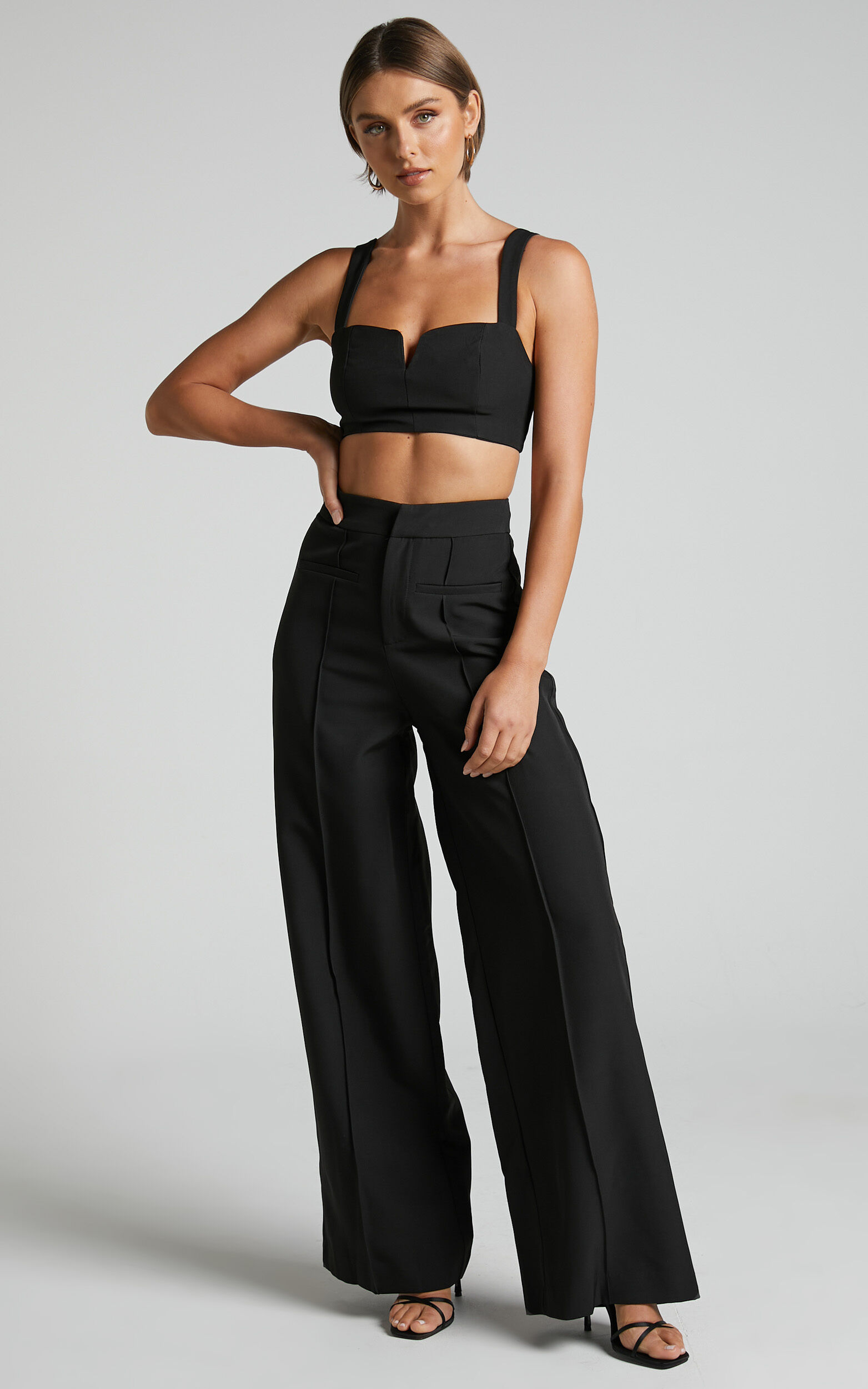 Maida Two Piece Set - V Front Crop Top and Wide Leg Pants Set in