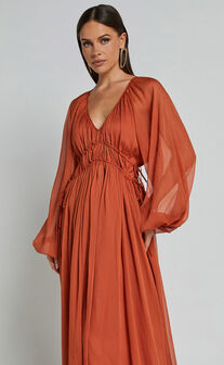 Roxanna Maxi Dress - Long Sleeve Ruched Waist Dress in Rust