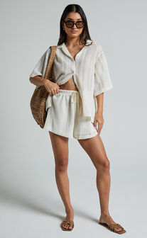 Gizelle Two Piece Set - Linen Look Short Sleeve Shirt & Shorts Set in Beige  and Green Print