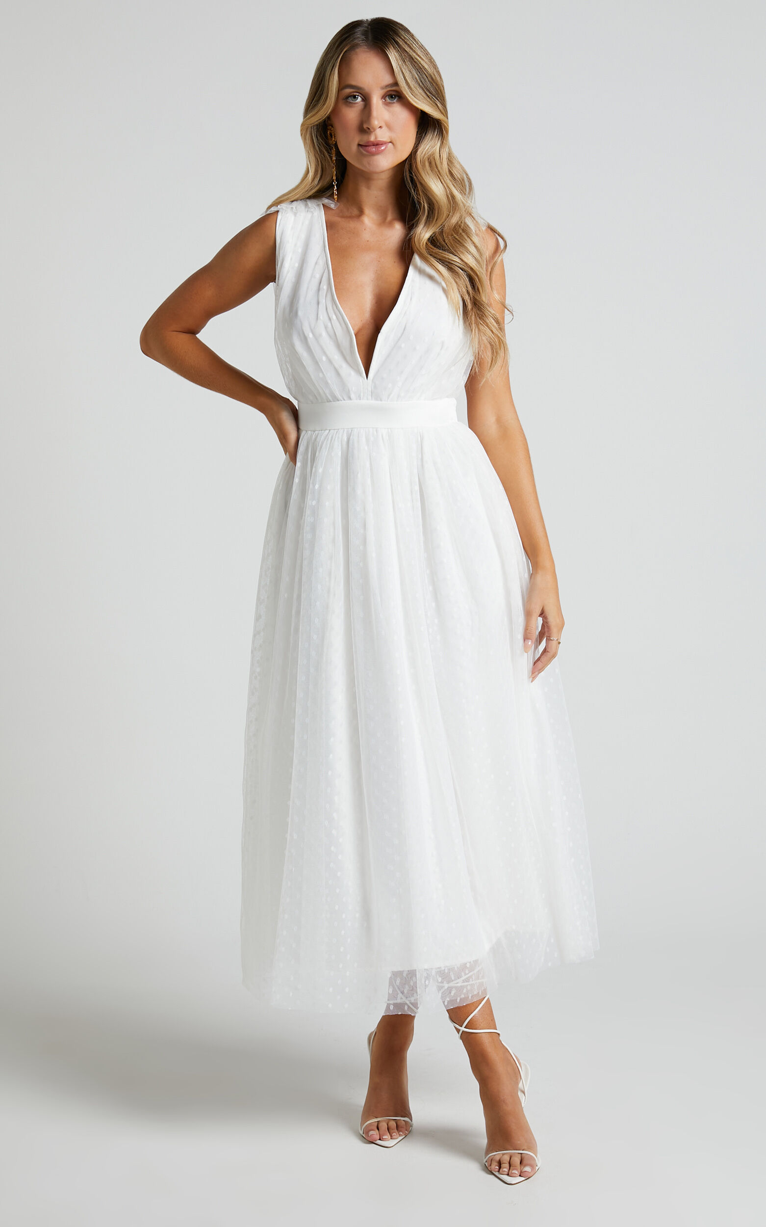 Meribel Midi Dress Plunge A Line Tie Back Dress in White Showpo EU