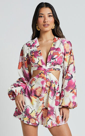 Gwyneth Playsuit - Long Sleeve Cut Out Playsuit in DAHLIA DUSK FLORAL