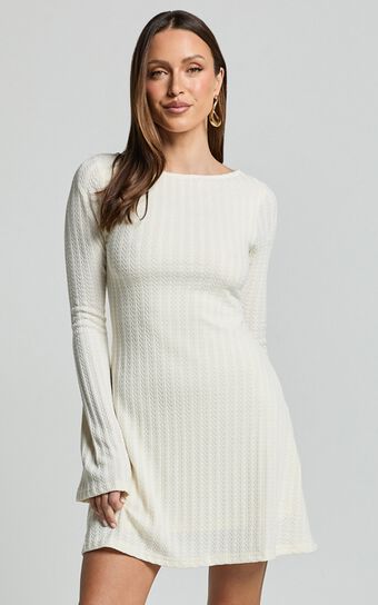 Melissa Mini Dress - Flared Long Sleeve A Line Dress in Off White