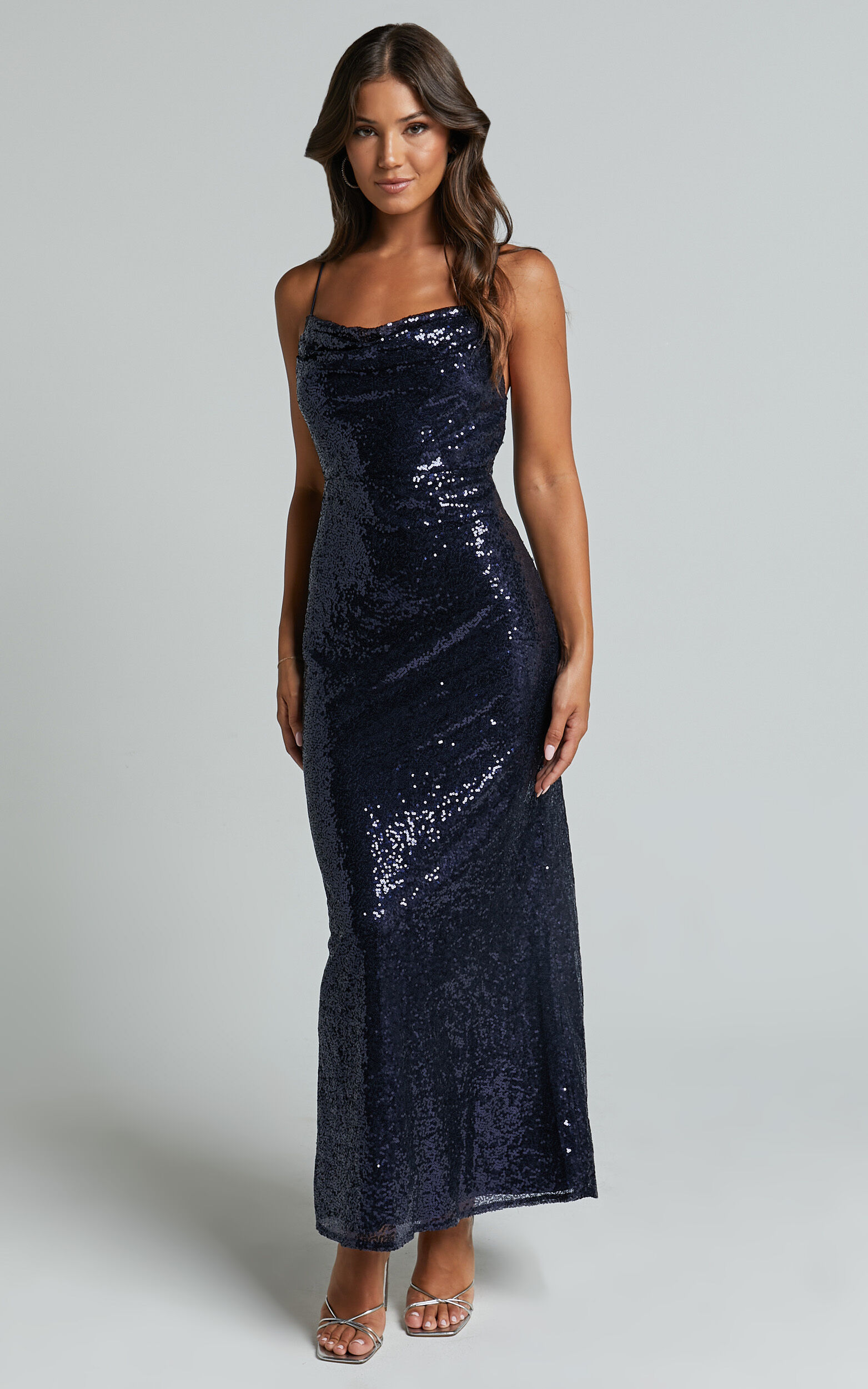 Cynthie Midi Dress Strappy Cowl Neck Sequin Slip Dress in Navy Showpo USA