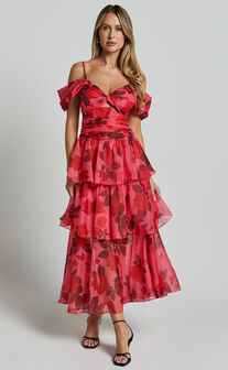 Xena Midi Dress - Off The Shoulder Cut Out Front Layered Dress in Pink Print