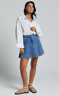 Koemi Skirt - High Waisted Denim Flare in Mid Blue Wash