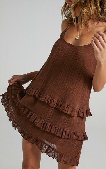 Long Reflections Mini Dress - Strappy Tiered Dress in Chocolate