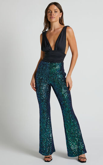 Deliza Pants - Mid Waisted Sequin Flare Pants in Mermaid Teal