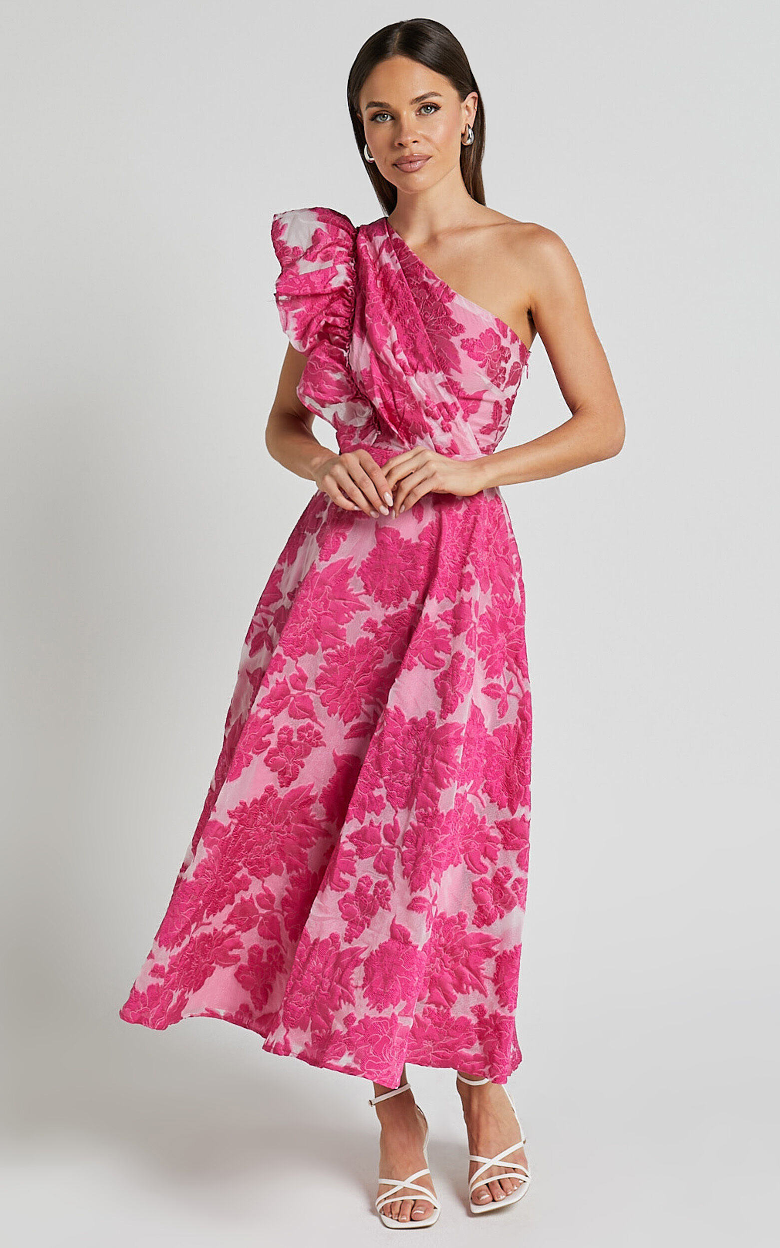 Alfreda Midi Dress - One Shoulder Ruffle Detail Brailey Jacquard Dress in  Pink