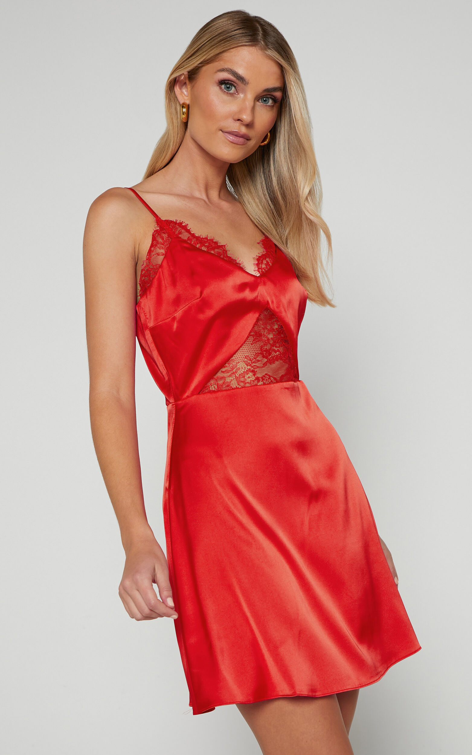 Maisey Mini Dress - V Neck Lace Detail Slip Dress in Red