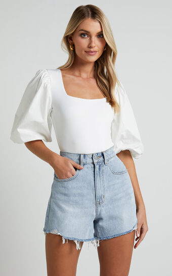 Jessica Bodysuit - Square Neck Short Bubble Sleeve Bodysuit in White