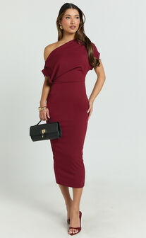 Nalfie Midi Dress - Tipped Shoulder Jersey Drape Dress in Wine