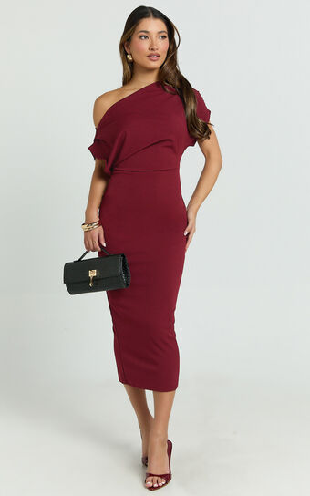 Nalfie Midi Dress - Tipped Shoulder Jersey Drape Dress in Wine