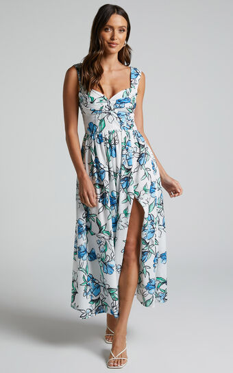 Alezia Midi Dress -  Thigh Split Sweetheart Corset Dress in Brush Stroke Floral