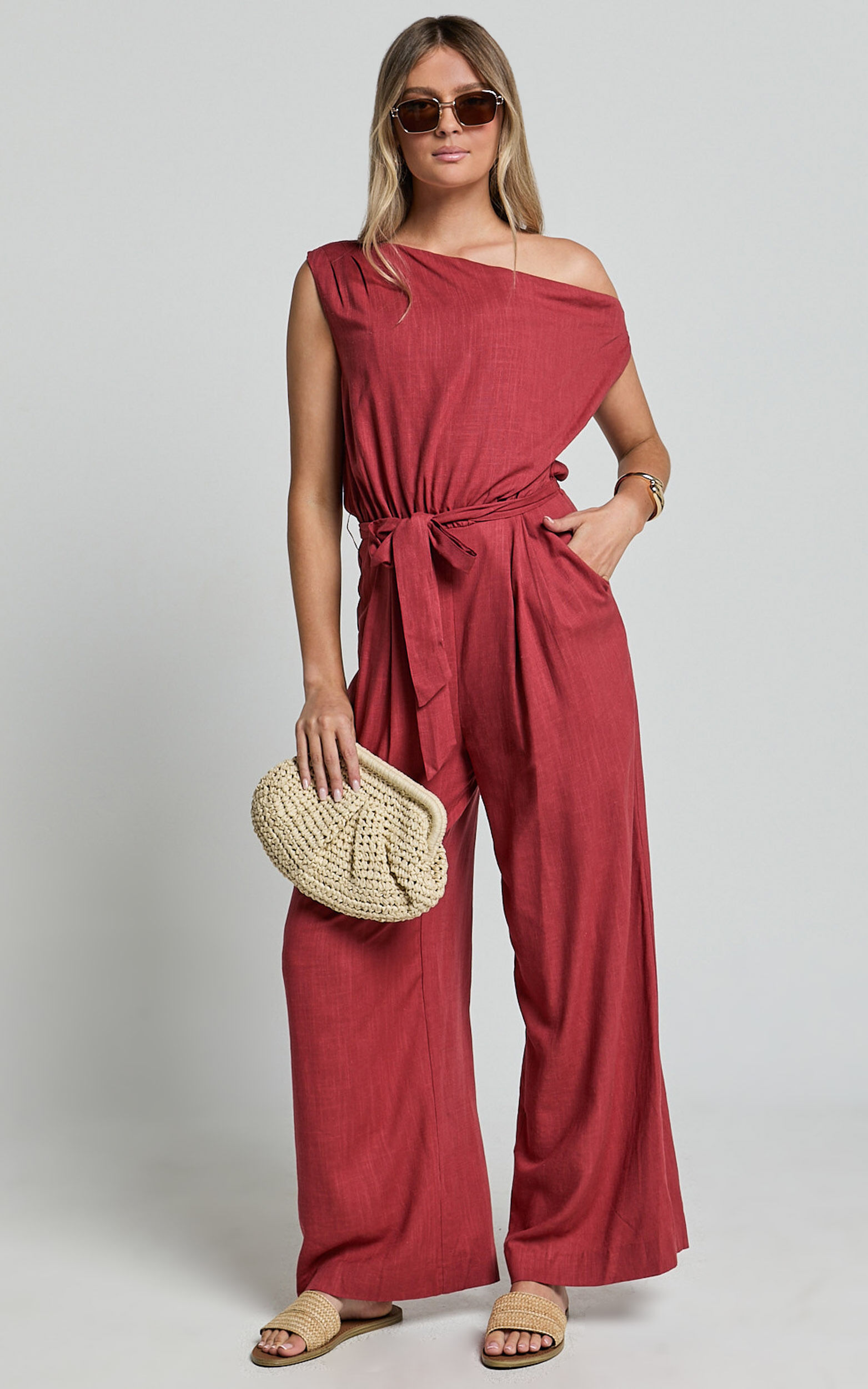 Adria Jumpsuit - Asymmetrical Short Sleeve Linen Jumpsuit in Clay ...