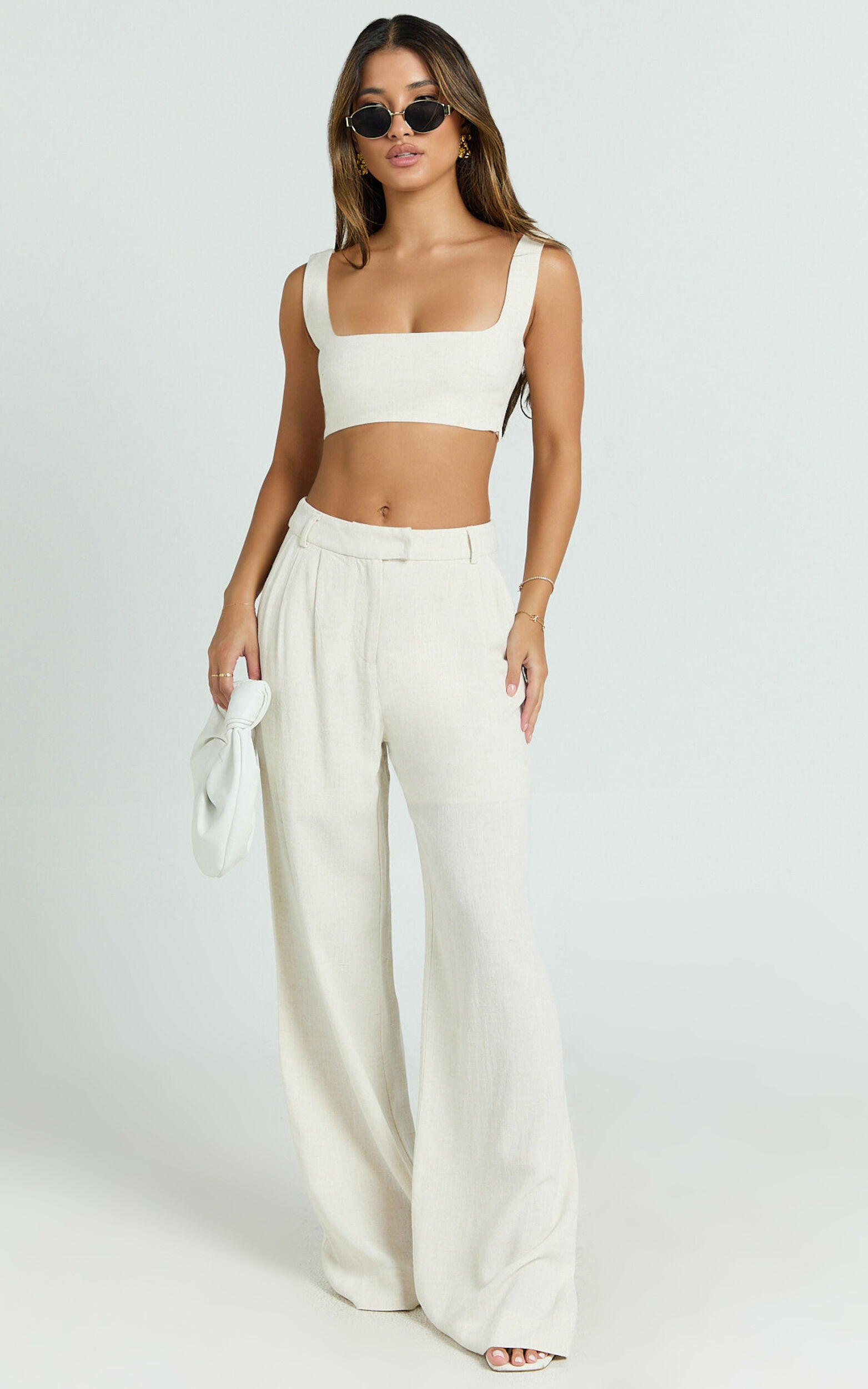 Gaia Two Piece Set - Linen Look Square Neck Crop Top and High Waist Pants Set in Stone - 06, NEU1