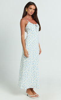Owen Maxi Dress - Strappy Scoop Neck Tie Front Bias Skirt Dress in Blue Ditsy Floral