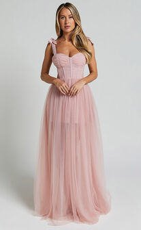 Tracey Maxi Dress - Strapless Back Drape Satin Dress in Pink