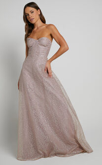 Amielita Maxi Dress - Corset Bodice Glitter Tulle Dress in Blush
