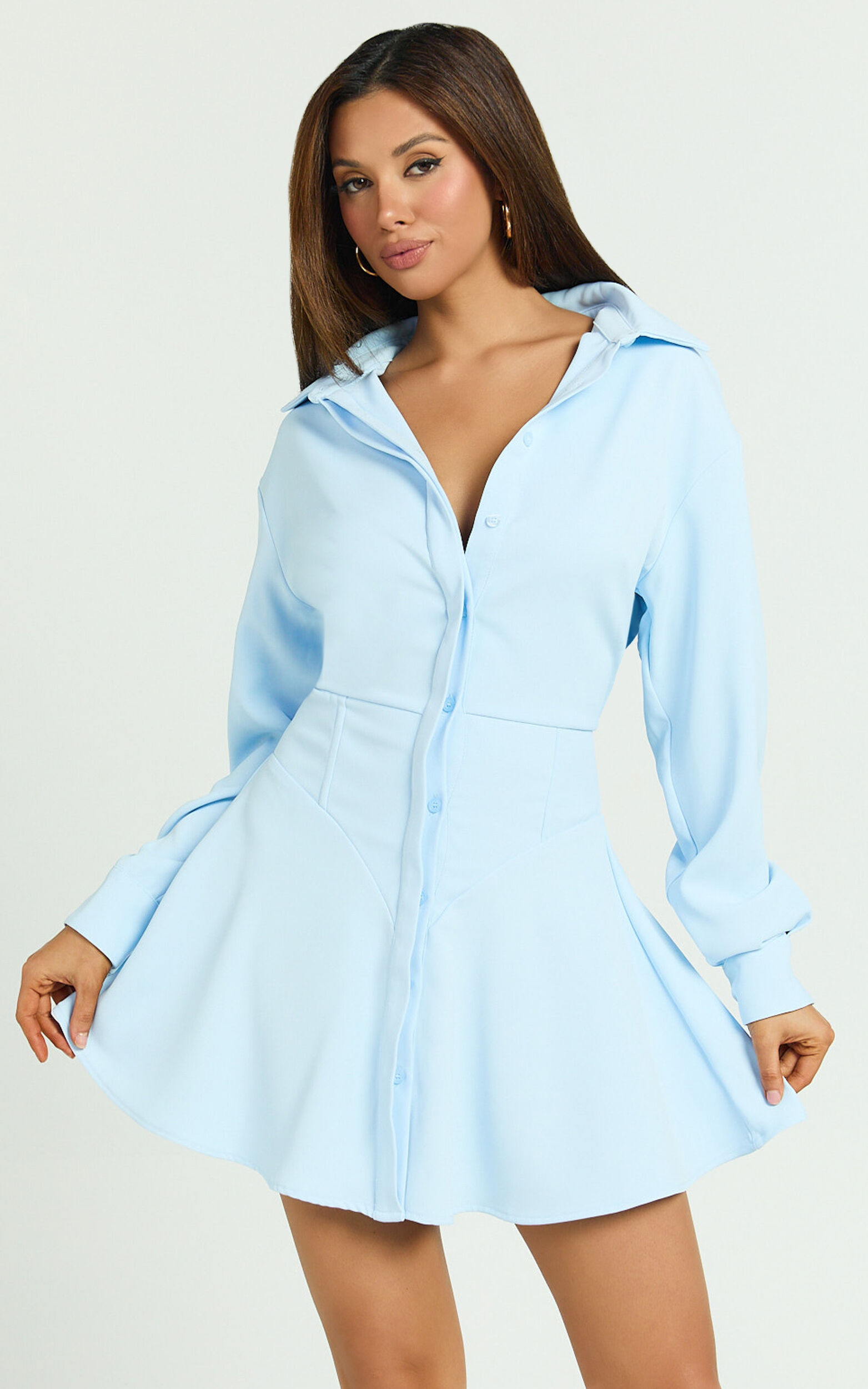 Raquel Mini Dress - Collared Long Sleeve Fit And Flare Shirt Dress in Cornflower Blue - 06, BLU1