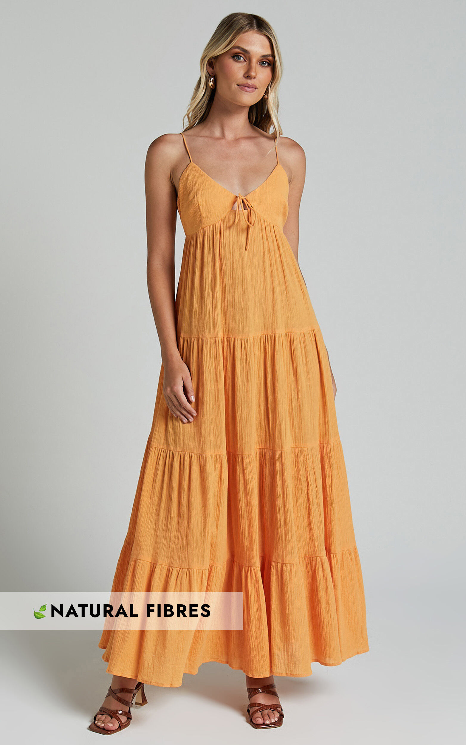Chila Maxi Dress - Strappy Tie Front Low Back Tiered in Papaya Orange - 06, ORG1