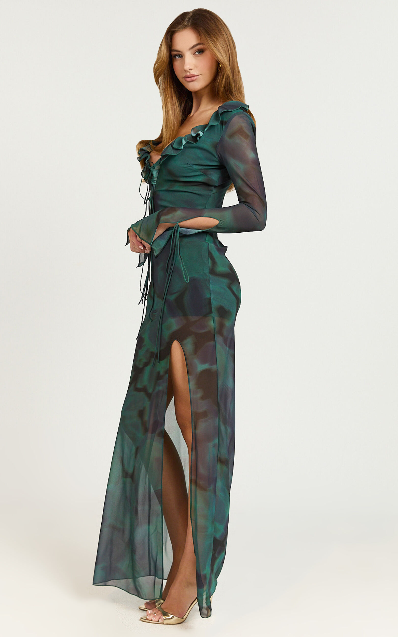 Katie Maxi Dress Ruffle Plunge Neck Long Sleeve Dress in Green Showpo NZ