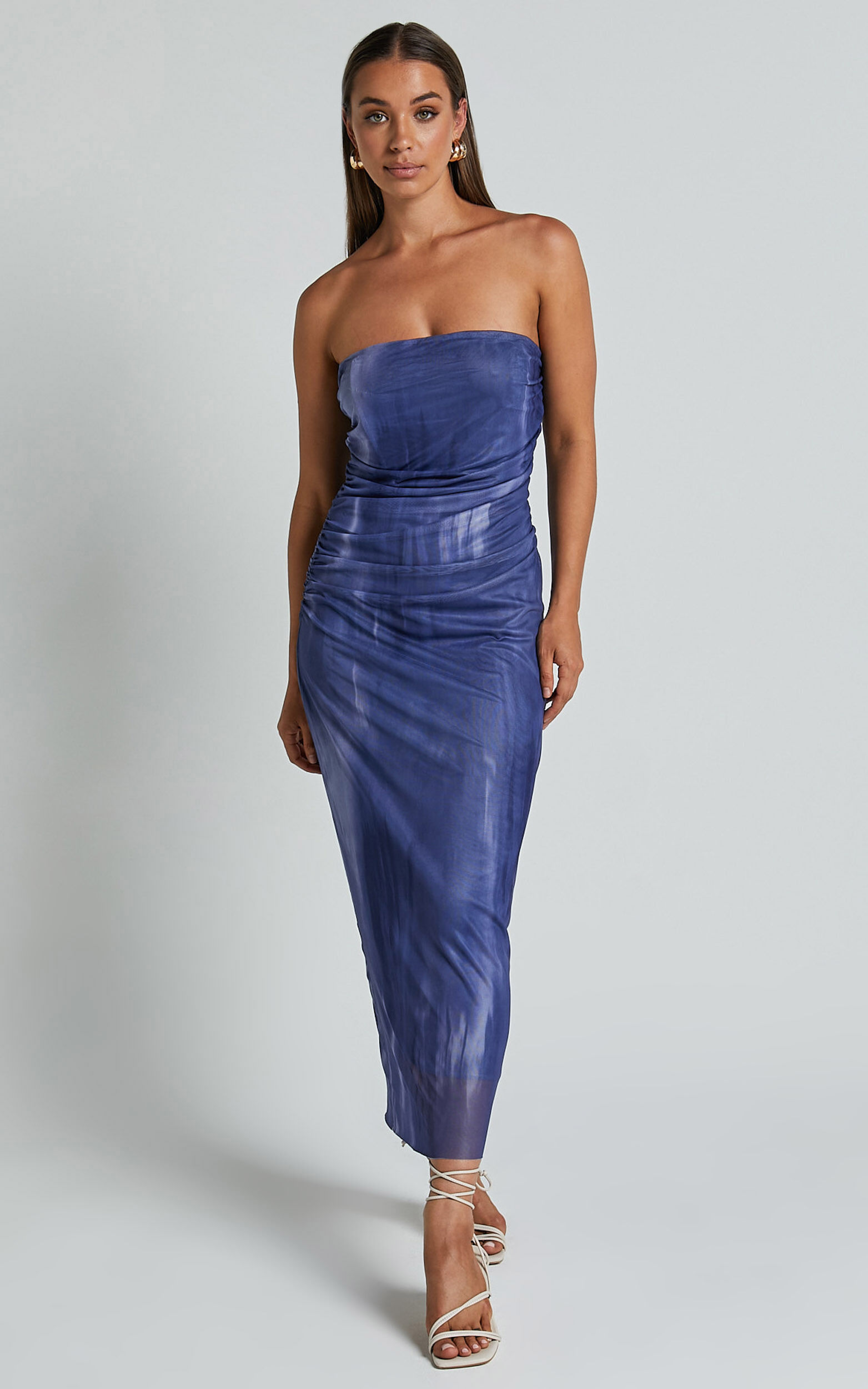 Frelynn Midi Dress - Strapless Ruched Slip Dress in Blue - L, BLU1