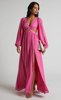 Paige Maxi Dress - Side Cut Out Balloon Sleeve Dress in Pink